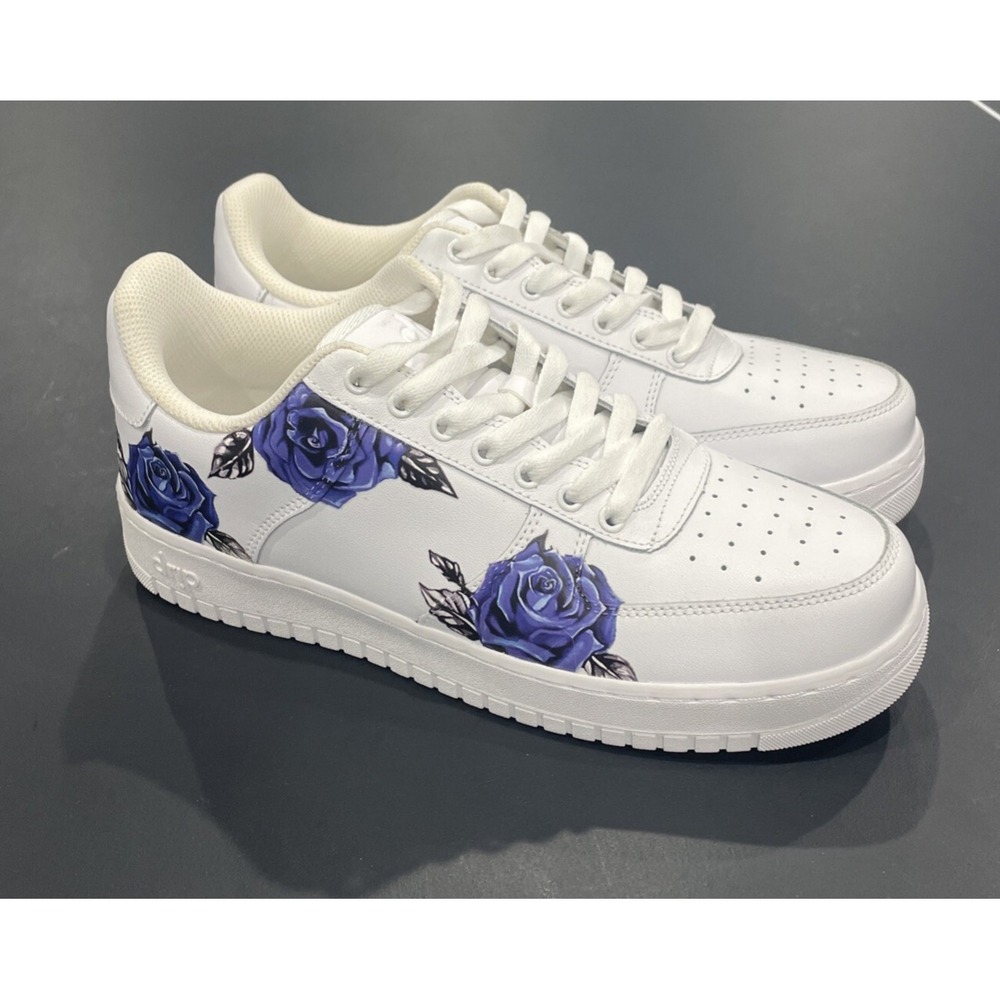 Drip Creationz Blue Roses Print‎ White Sneakers US 9.5 Women 11 New
